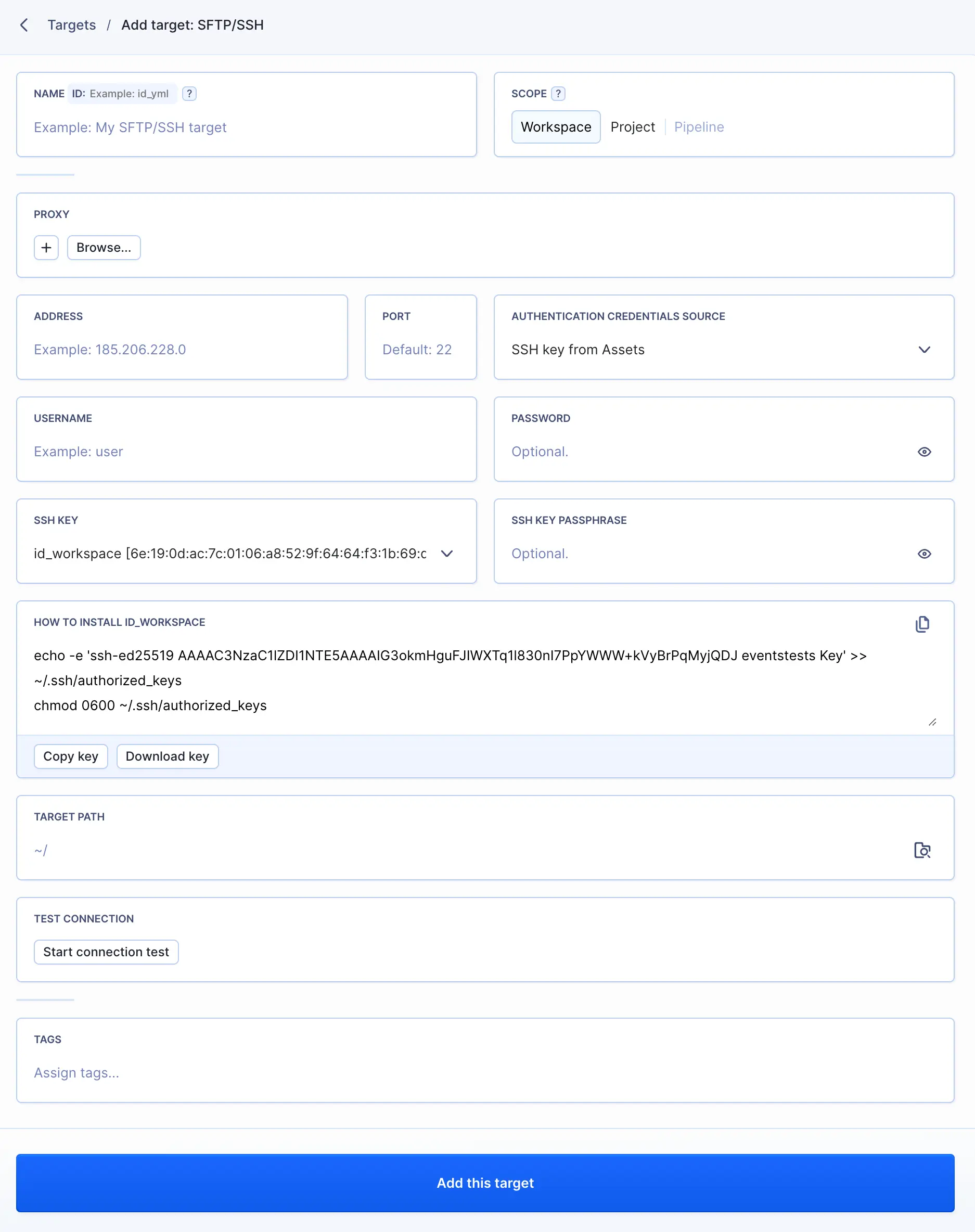 Buddy Add target SFTP/SSH form showing clean configuration with SSH key auto-generated and ready to copy