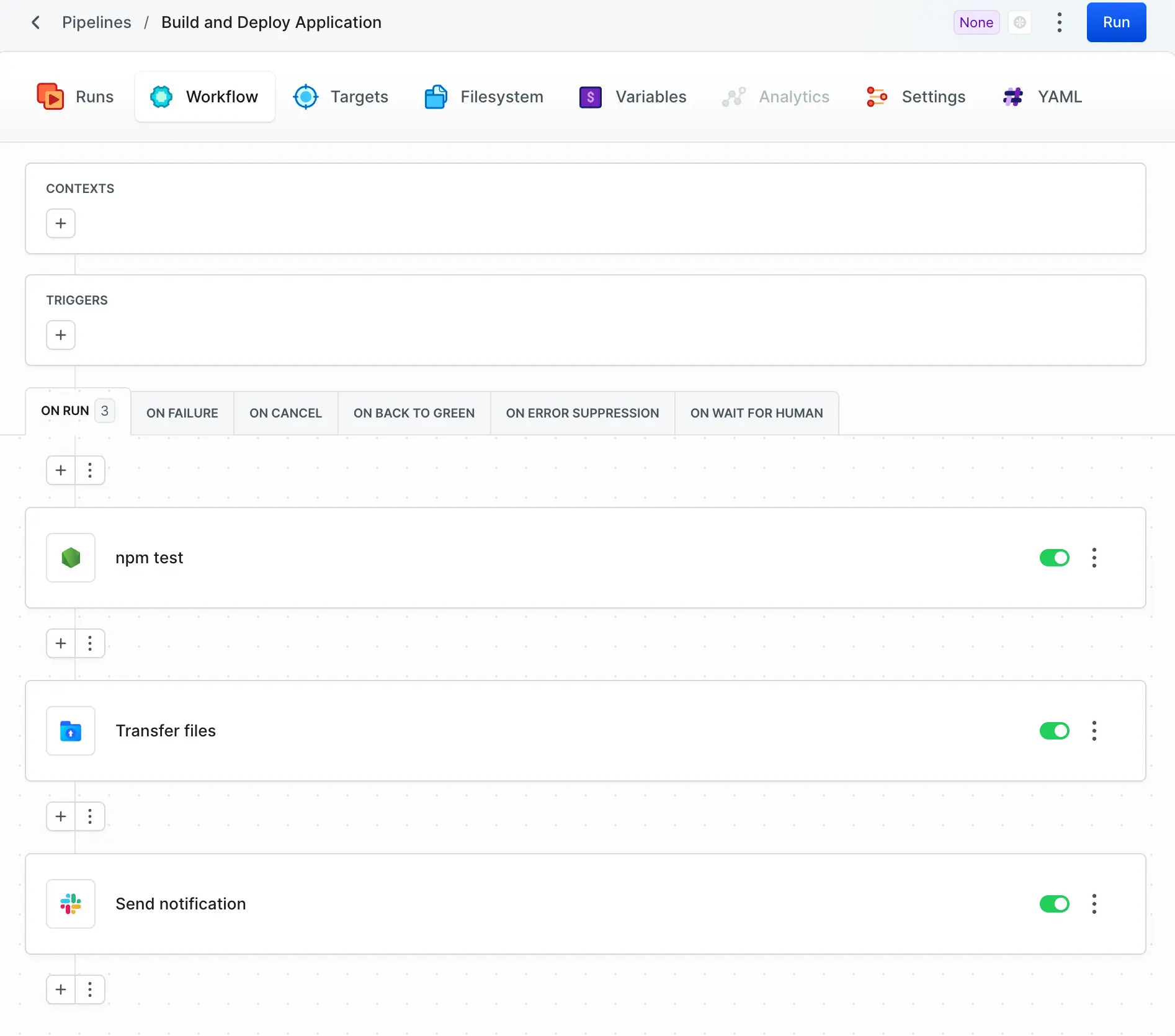 Buddy workflow editor showing a Build and Deploy Application pipeline with npm test, Transfer files, and Send notification actions, with separate tabs for failure handling