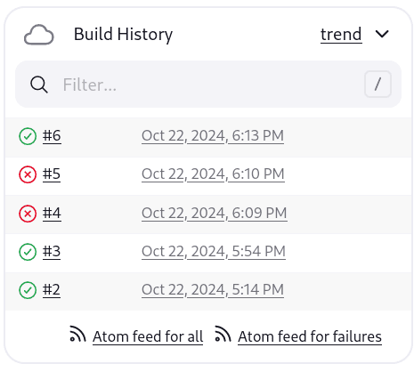 Jenkins build history showing builds #2 through #6 as a flat list with pass/fail icons and timestamps