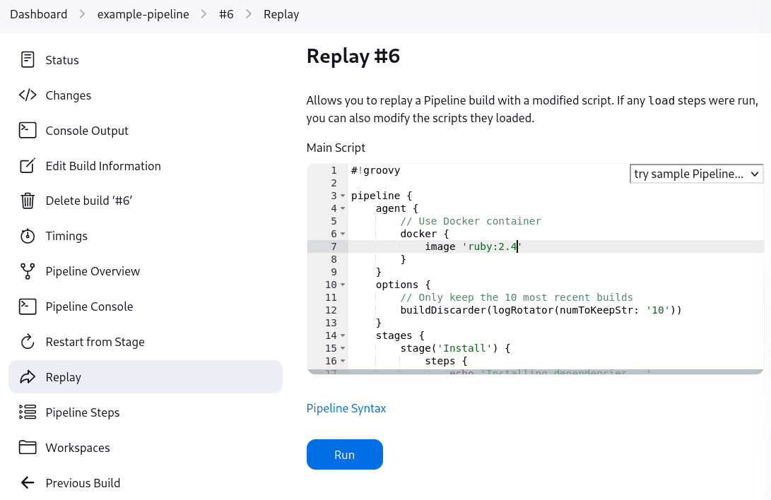 Jenkins Replay screen showing a raw Groovy DSL editor to re-run build #6 with a modified pipeline script